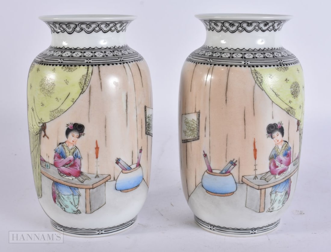 A PAIR OF CHINESE REPUBLICAN PERIOD PORCELAIN VASES painted with figures. 14 cm high. (1 of 4)