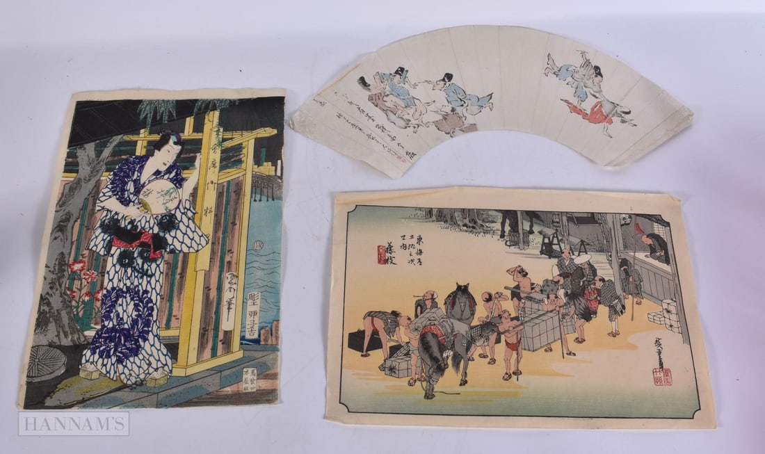 THREE 19TH CENTURY JAPANESE MEIJI PERIOD WOODBLOCK PRINTS. Largest 38 cm x 28cm. (3) (1 of 4)