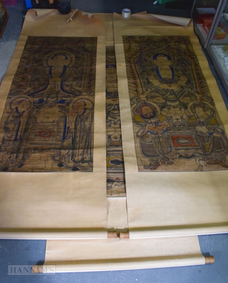THREE VERY LARGE CHINESE WATERCOLOUR SCROLLS. 210 cm x 75 cm, image 140 cm x 65 cm. (3) (1 of 7)