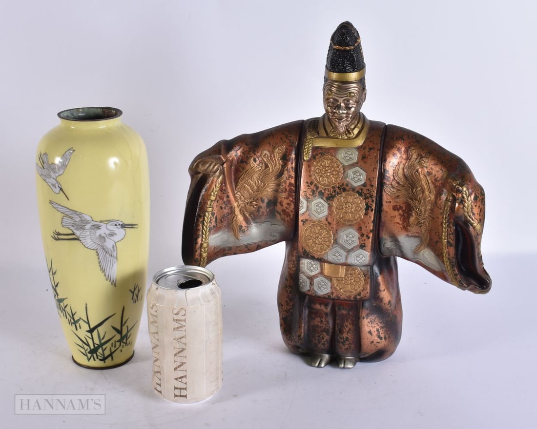 A 19TH CENTURY JAPANESE MEIJI PERIOD CLOISONNE ENAMEL VASE together with a mixed metal okimono. Larg: A 19TH CENTURY JAPANESE MEIJI PERIOD CLOISONNE ENAMEL VASE together with a mixed metal okimono. Largest 34 cm high. (2)
