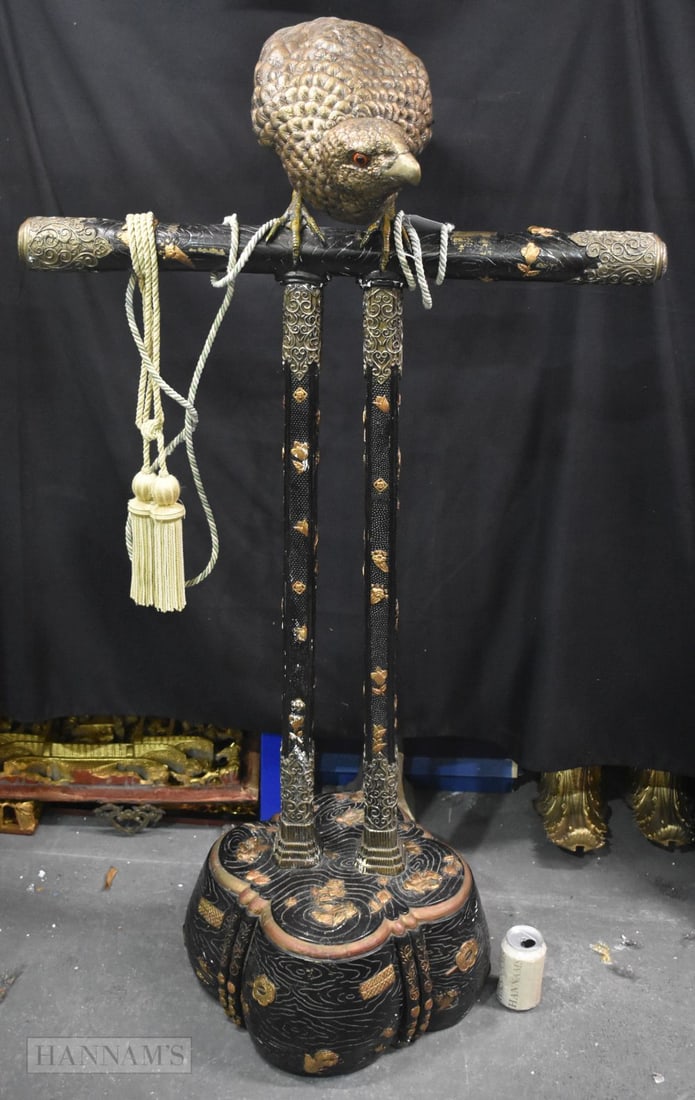 A LARGE JAPANESE FIGURE OF A HAWK ON STAND realistically modelled, the base decorated with fish, fol (1 of 12)