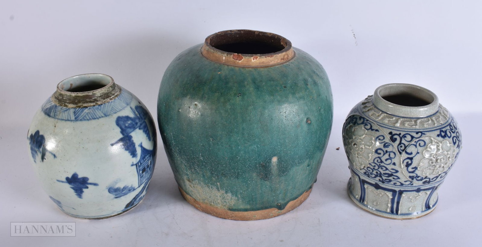 TWO CHINESE QING DYNASTY GINGER JARS together with a smaller jar. Largest 24 cm x 14 cm. (3) (1 of 3)