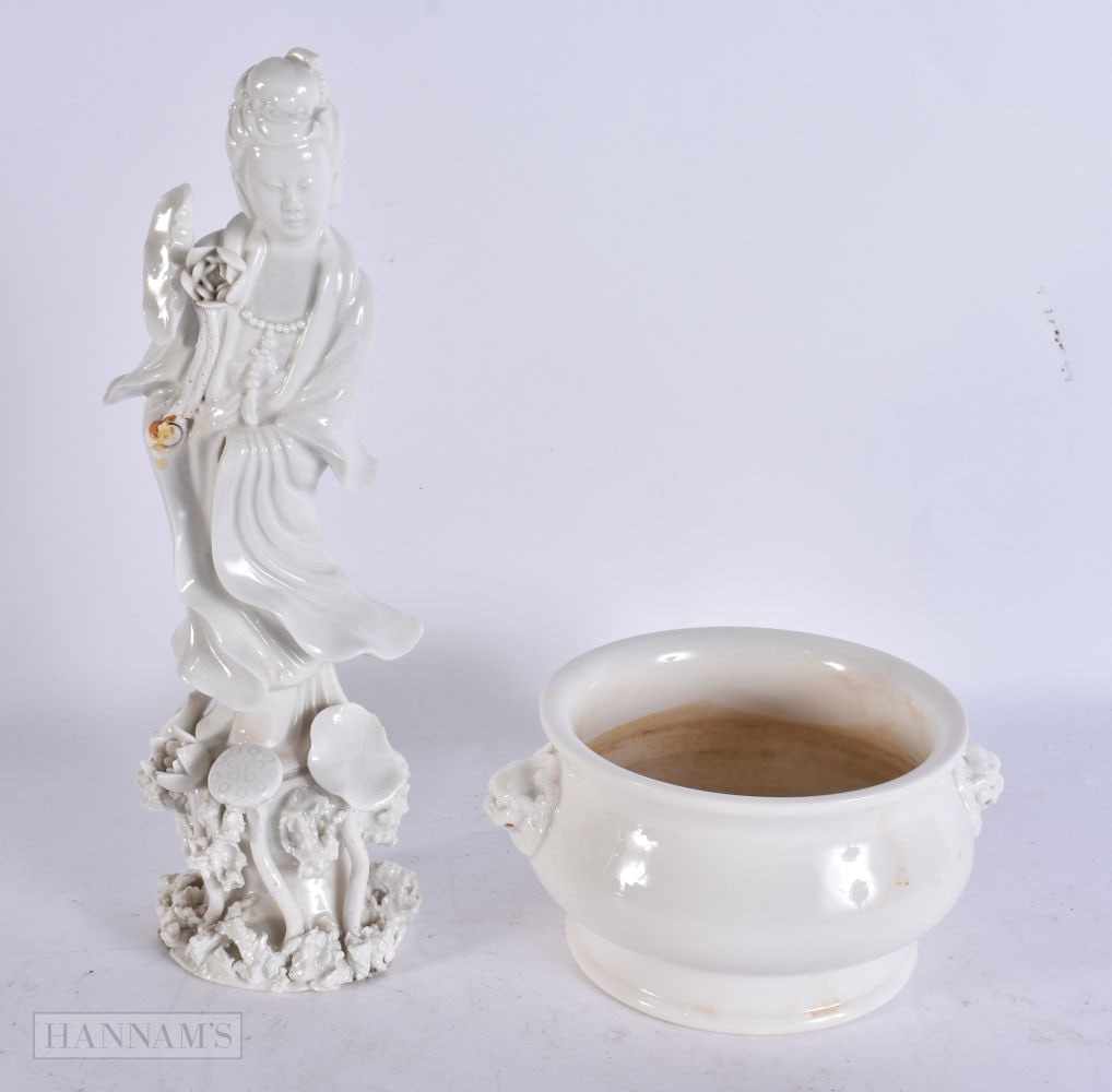 A CHINESE QING DYNASTY BLANC DE CHINE PORCELAIN CENSER together with a figure. Largest 27cm high. (2: A CHINESE QING DYNASTY BLANC DE CHINE PORCELAIN CENSER together with a figure. Largest 27cm high. (2)