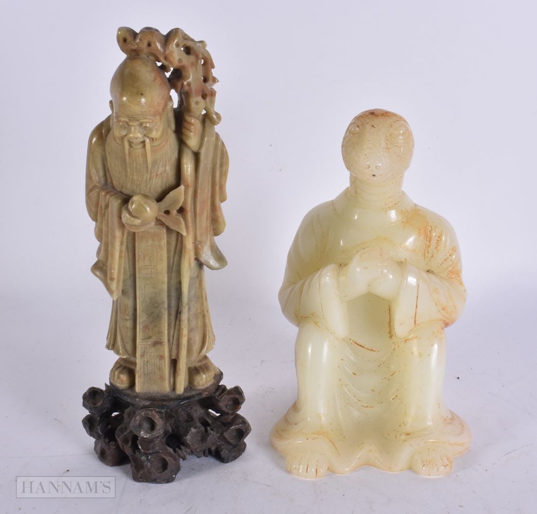 A 19TH CENTURY CHINESE CARVED SOAPSTONE FIGURE Late Qing, together with another zodiac figure. Large: A 19TH CENTURY CHINESE CARVED SOAPSTONE FIGURE Late Qing, together with another zodiac figure. Largest 16 cm high. (2)
