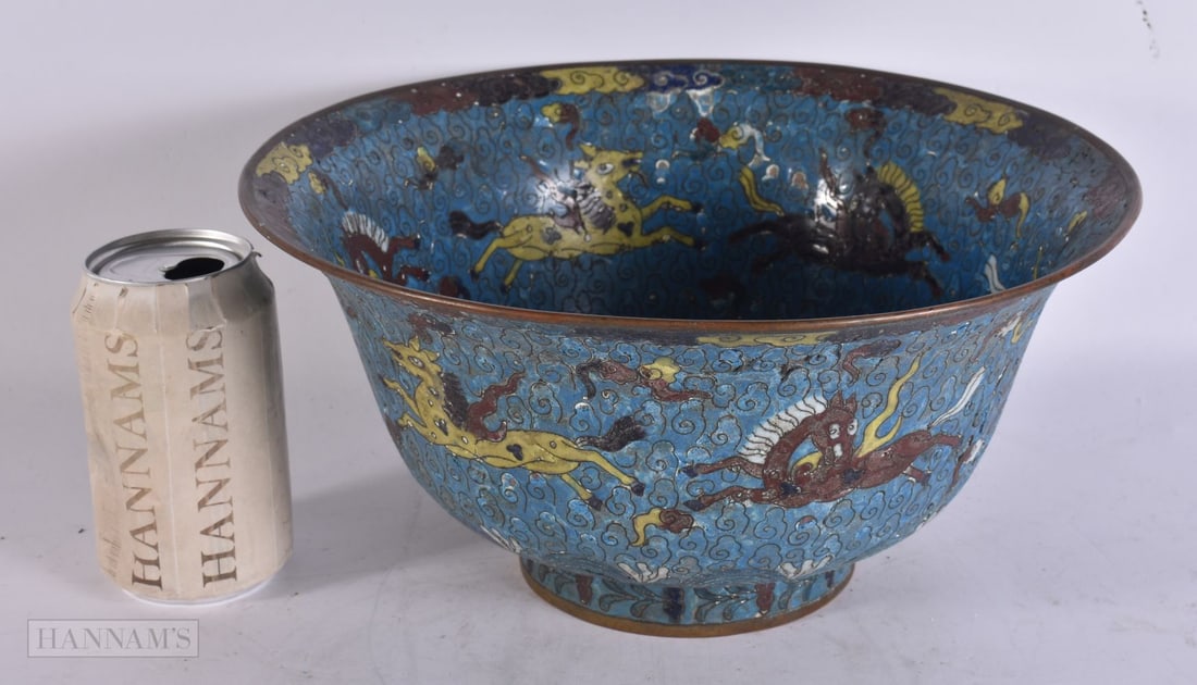 A CHINESE QING DYNASTY CLOISONNE ENAMEL HORSE BOWL. 28cm x 14 cm. (1 of 3)