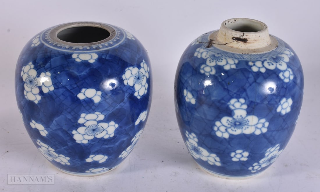 TWO 17TH/18TH CENTURY CHINESE BLUE AND WHITE PORCELAIN JARS Kangxi/Yongzheng. 13 cm x 8 cm. (2) (1 of 3)