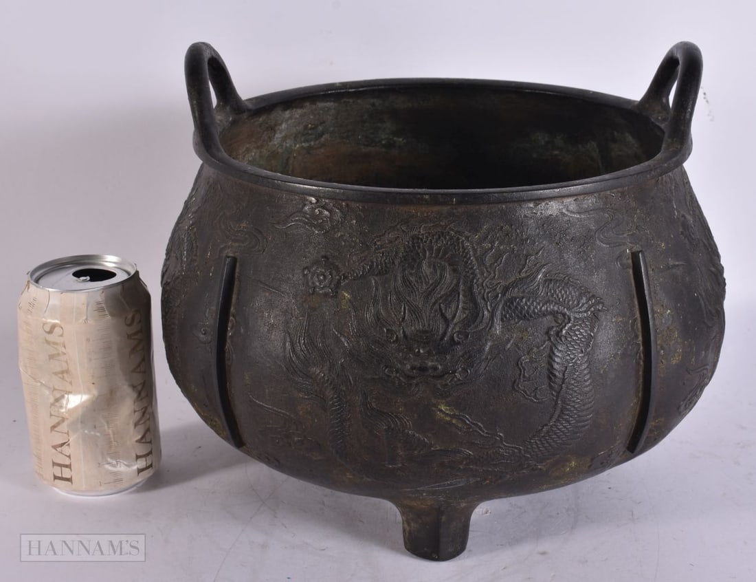 A RARE LARGE 16TH/17TH CENTURY CHINESE TWIN HANDLED BRONZE CENSER Late Ming/Qing, decorated with dra (1 of 4)