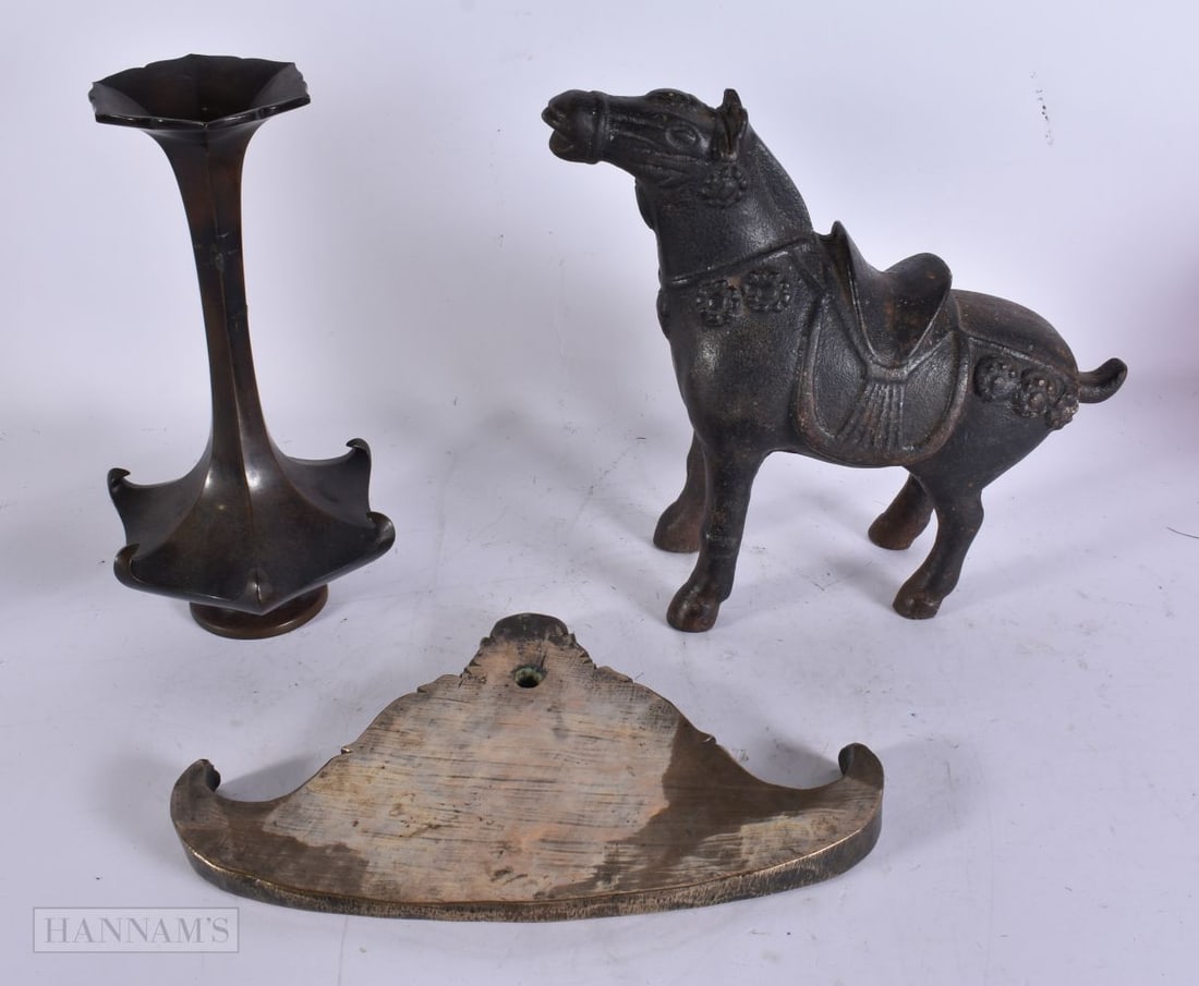 A CHINESE QING DYNASTY BRONZE VASE etc. Largest 20cm high. (3) (1 of 2)