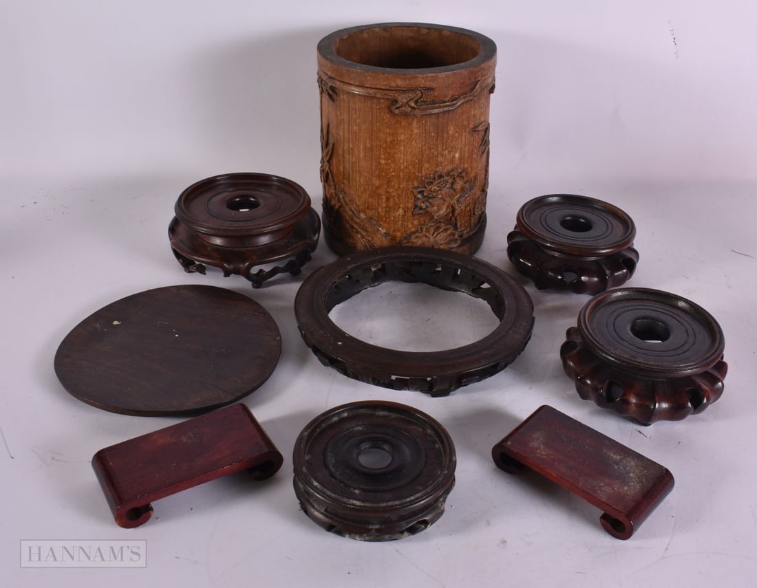 ASSORTED CHINESE HARDWOOD STANDS and a brush pot. Largest 17 cm high. (qty) (1 of 2)