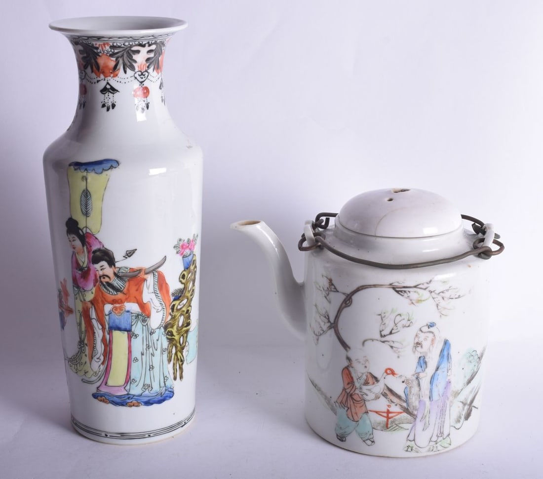 A CHINESE REPUBLICAN PERIOD PORCELAIN VASE together with a similar teapot. Largest 24 cm high. (2) (1 of 4)