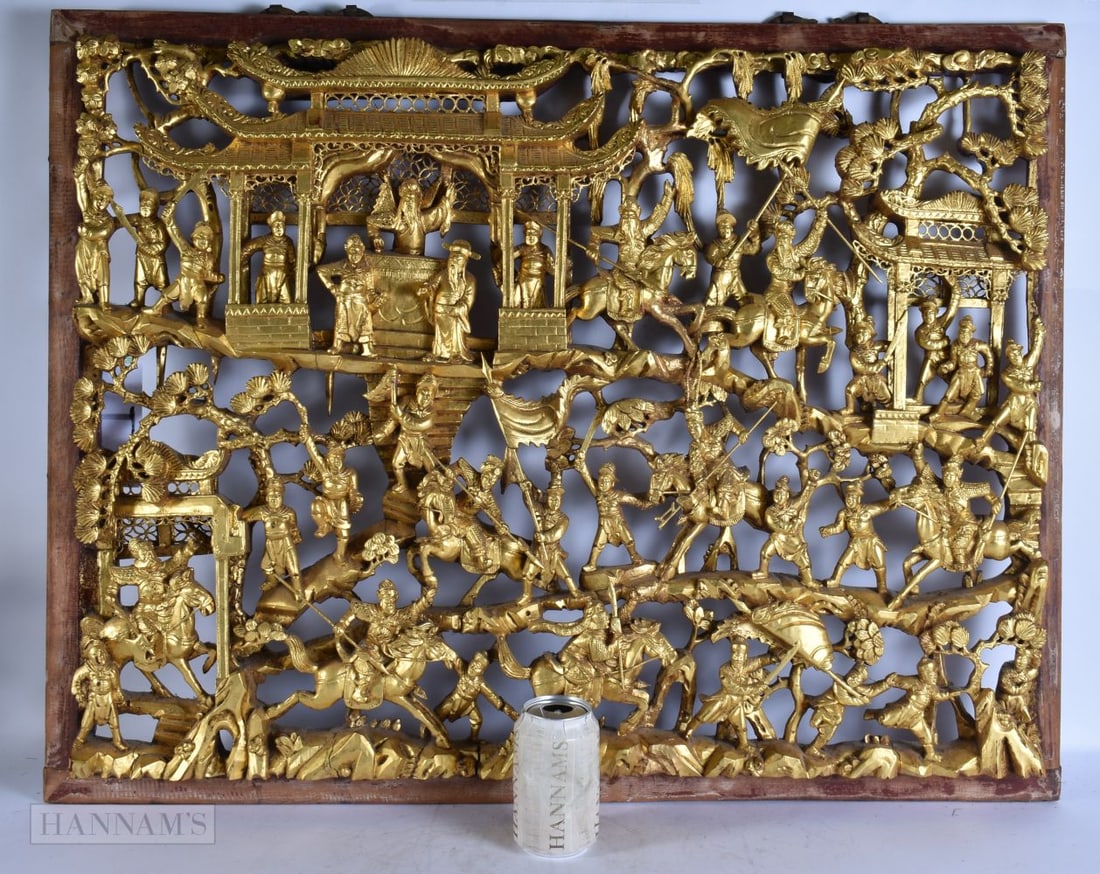 A RARE LARGE 19TH CENTURY CHINESE GILT WOOD LACQUERED PANELS Qing. 82 cm x 68 cm. (1 of 4)