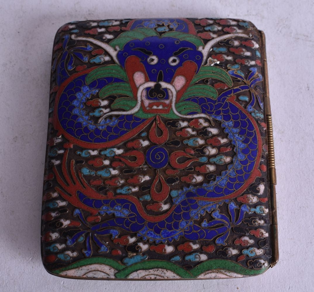 AN EARLY 20TH CENTURY CHINESE CLOISONNE ENAMEL DRAGON CASE Late Qing. 8.5 cm x 7.5 cm. (1 of 3)