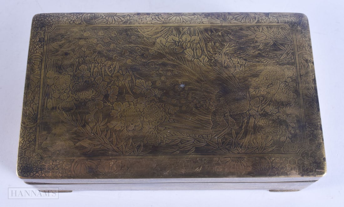 AN EARLY 20TH CENTURY JAPANESE MEIJI PERIOD DAMASCENED DRAGON AND BIRD CASKET. 15 cm x 9 cm. (1 of 7)