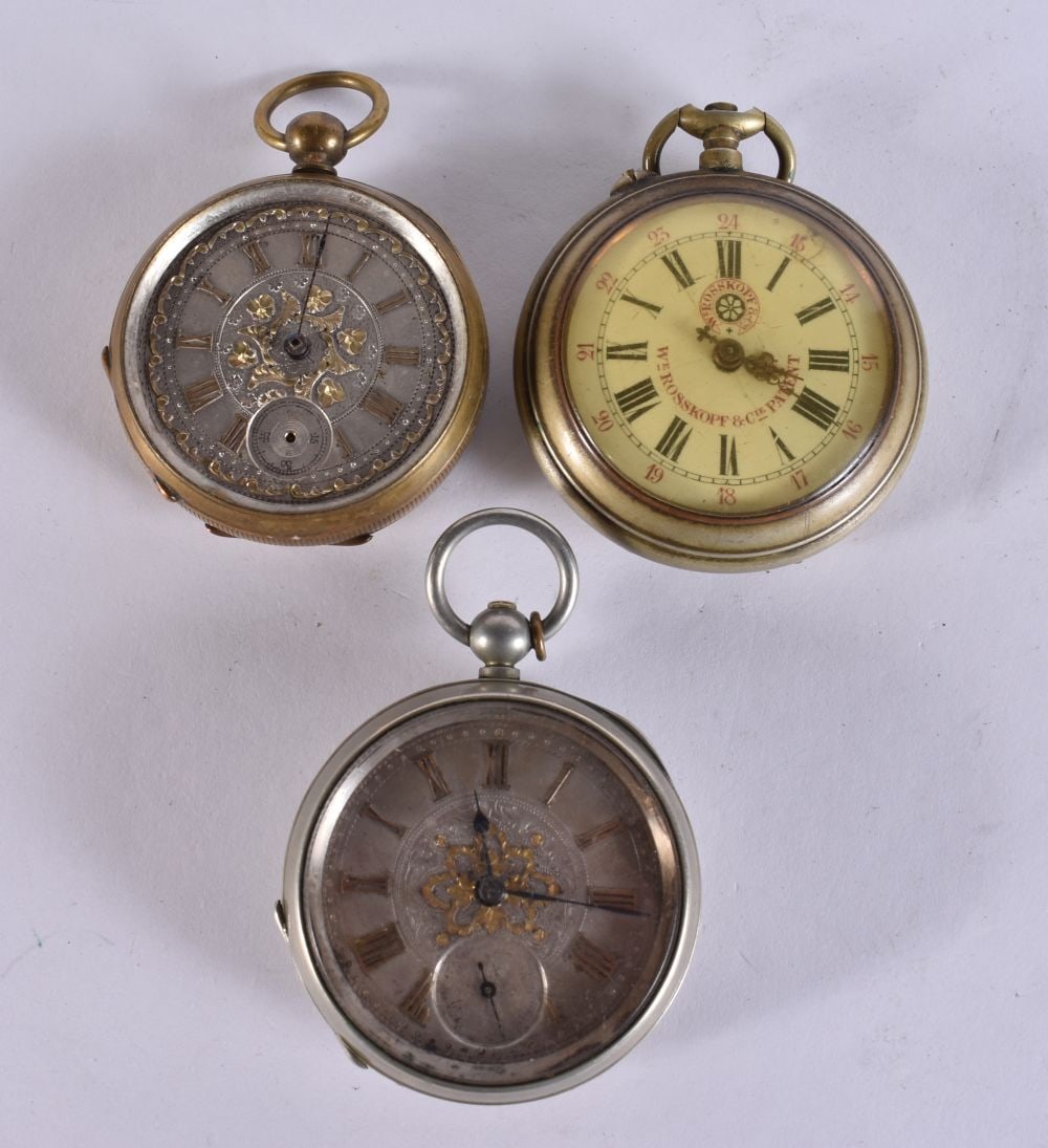 THREE ANTIQUE POCKET WATCHES. Untested. Largest 5.5 cm wide. (3) (1 of 8)