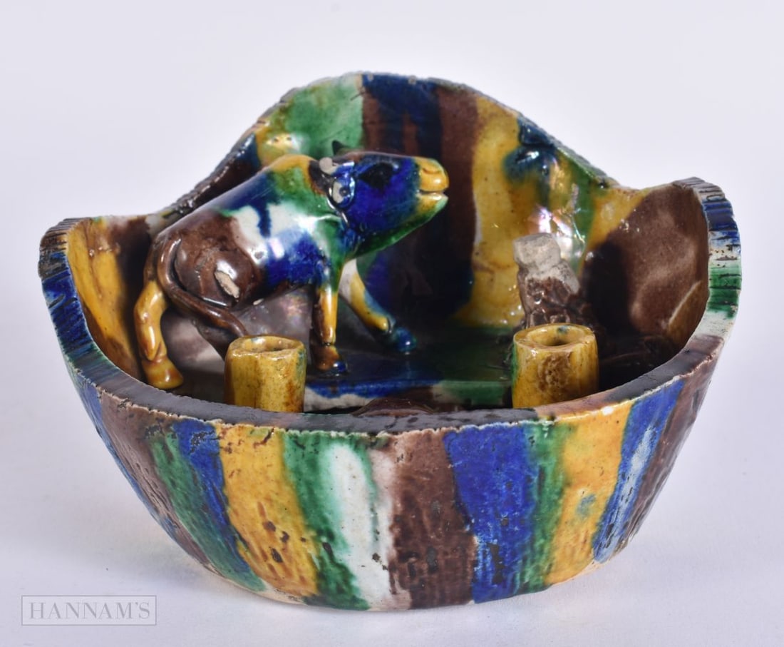 A CHINESE QING DYNASTY SANCAI GLAZED SCHOLARS OBJECT formed with a buffalo upon a seat. 13 cm x 10 c (1 of 8)