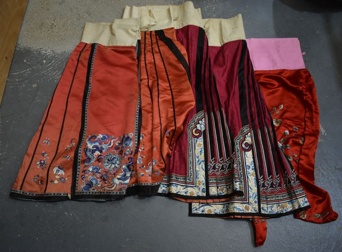 FIVE LATE 19TH CENTURY CHINESE SILK EMBROIDERED SKIRTS Late Qing. 101 cm x 70 cm, 92 cm x 178 cm, 97 (1 of 17)