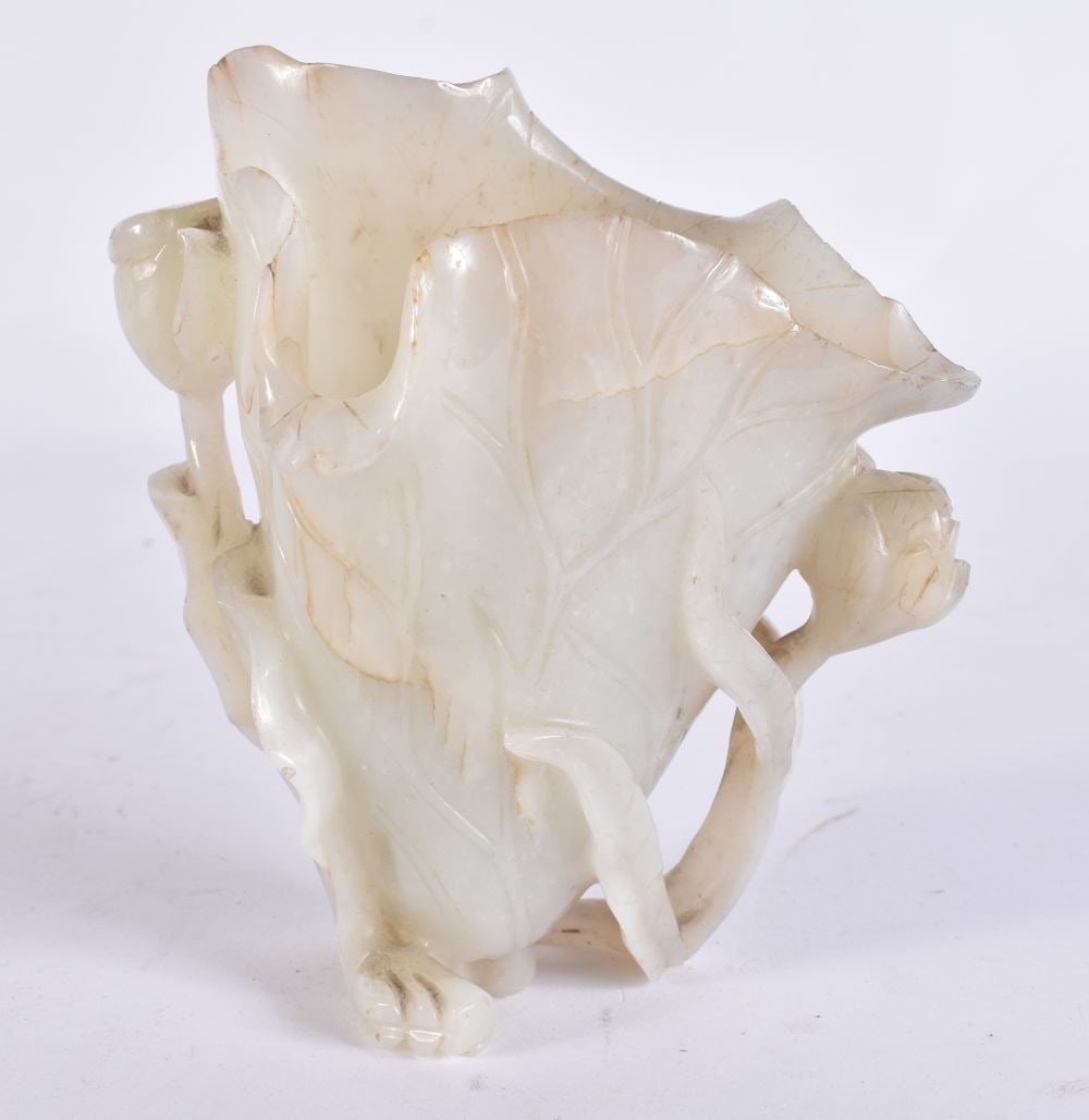 AN 19TH/19TH CENTURY CHINESE GREENISH WHITE JADE LIBATION CUP Qing, formed as a flower. 11 cm x 8.5 (1 of 7)