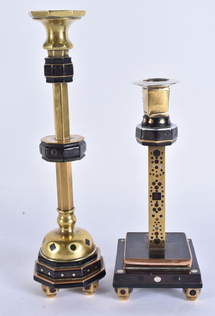 TWO RARE ANTIQUE CHERRY BAKELITE CANDLESTICKS mounted in brass with motifs. 1055 grams. Largest 26 c (1 of 12)