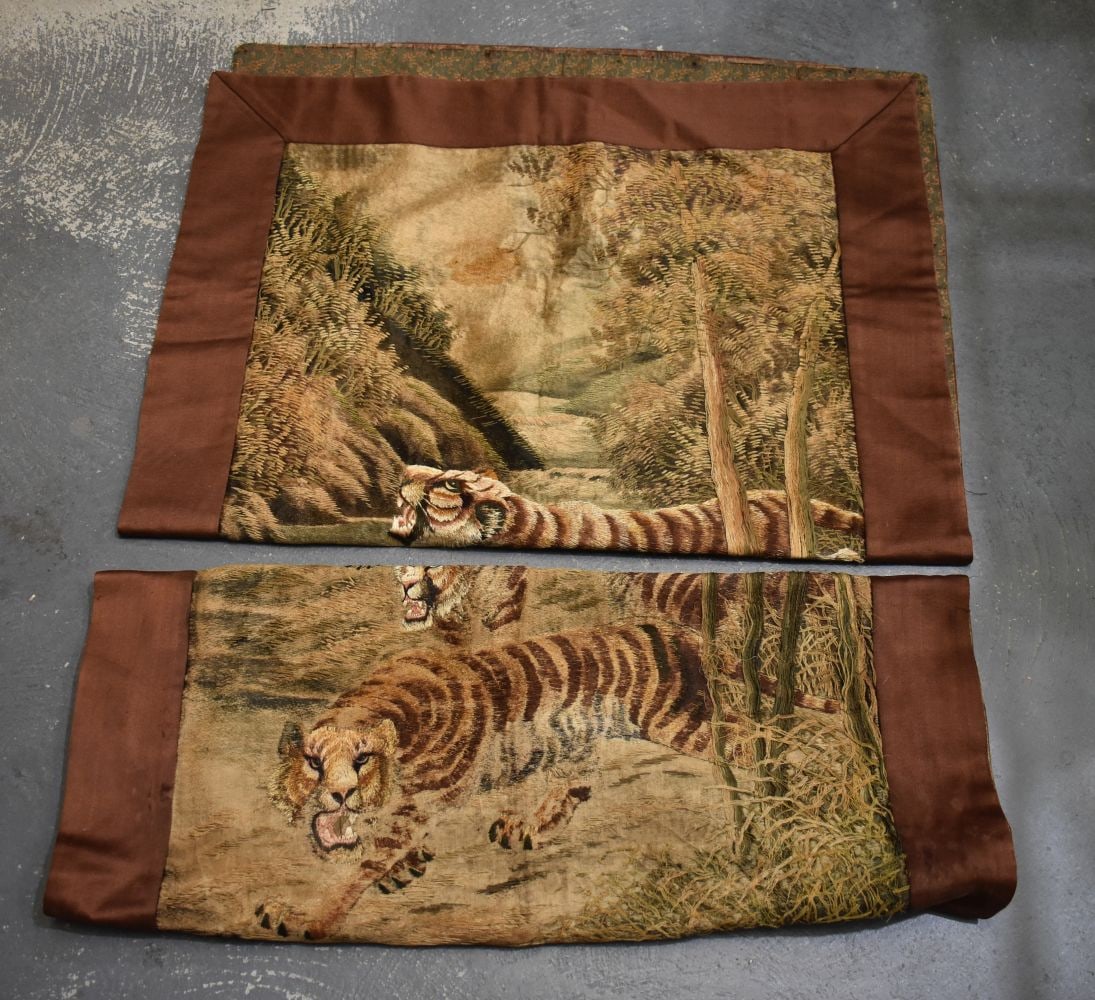 A PAIR OF 19TH CENTURY JAPANESE MEIJI PERIOD SILK EMBROIDERED PANELS. 137 cm x 92 cm. (1 of 15)