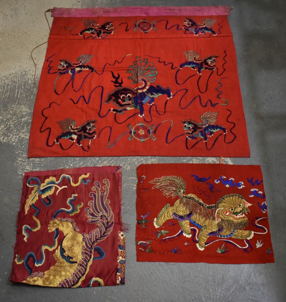 THREE 19TH CENTURY CHINESE SILK EMBROIDERED PANELS Qing. Largest 70 cm x 35 cm. (3) (1 of 14)