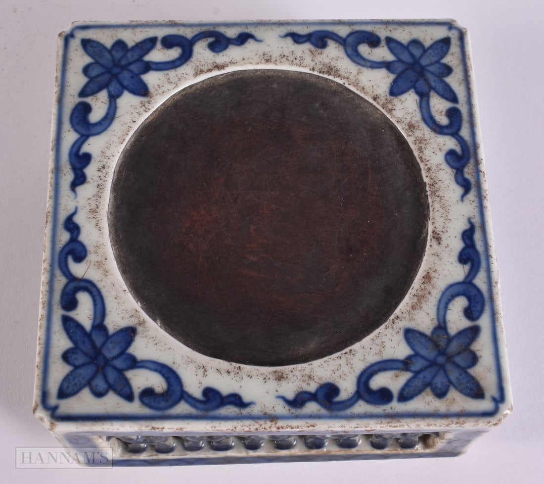 A CHINESE BLUE AND WHITE PORCELAIN IMITATION INK STONE. 11 cm square. (1 of 4)