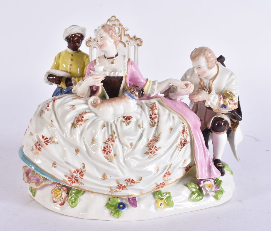 AN UNUSUAL ANTIQUE GERMAN PORCELAIN FIGURAL GROUP possibly Meissen, modelled as a female, male and s (1 of 9)
