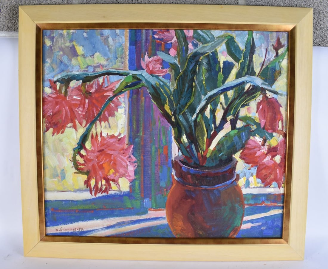 Nikolay Eltyshev (1922-2002) Oil on canvas, Red Christmas cactus. 57 cm x 67 cm. (1 of 8)
