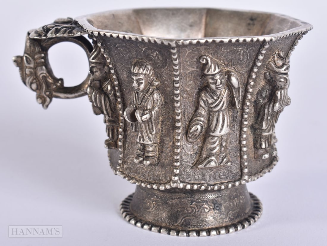 A CHINESE SILVERED BRONZE LIBATION CUP. 8.5 cm wide. (1 of 5)