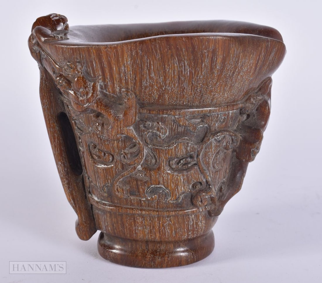 A CHINESE HORN TYPE LIBATION CUP. 14 cm x 12 cm. (1 of 6)