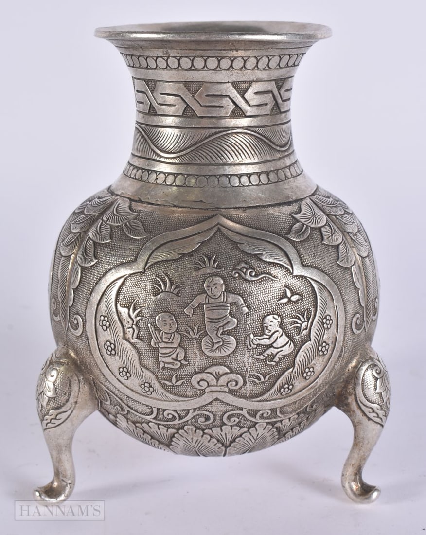 A CHINESE SILVERED BRONZE TRIPOD CENSER. 14 cm x 9 cm. (1 of 5)