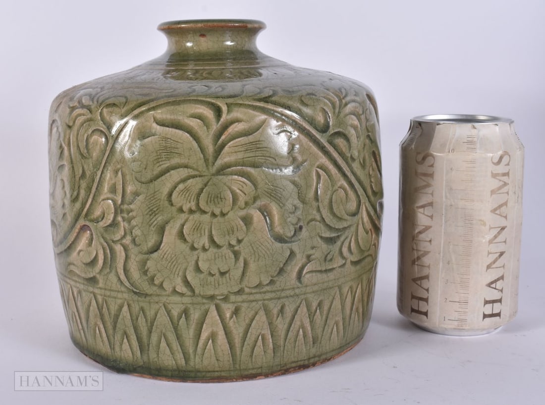 A CHINESE CELADON YAO ZHOU SQUAT VASE. 18 cm x 15 cm. (1 of 4)