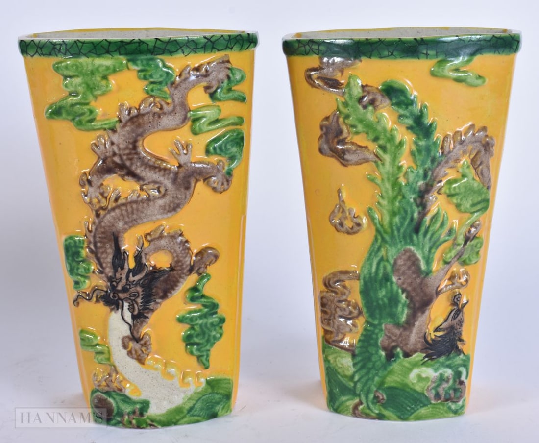 A PAIR OF CHINESE YELLOW SANCAI GLAZED VASES. 16.5 cm x 8.5 cm. (1 of 5)