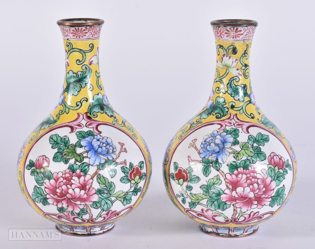 A PAIR OF 19TH CENTURY CHINESE CANTON ENAMEL VASES Late Qing, painted with birds. 9.5 cm high. (1 of 5)