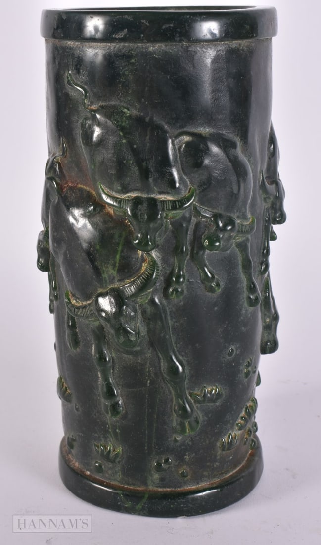 A CHINESE JADE TYPE BRUSH POT. 20cm high. (1 of 5)