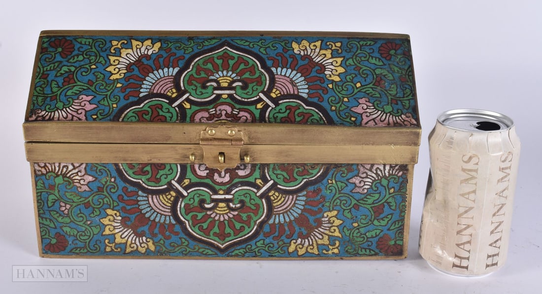 A RARE 19TH CENTURY CHINESE CHAMPLEVE ENAMEL BRONZE CASKET Qing. 28cm x 18 cm x 12 cm. (1 of 7)