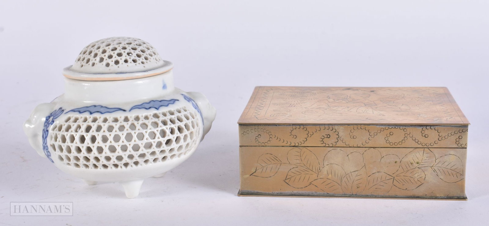 A JAPANESE HIRADO RETICULATED PORCELAIN CENSER AND COVER together with a Paktong box. Largest 12 cm: A JAPANESE HIRADO RETICULATED PORCELAIN CENSER AND COVER together with a Paktong box. Largest 12 cm wide. (2)