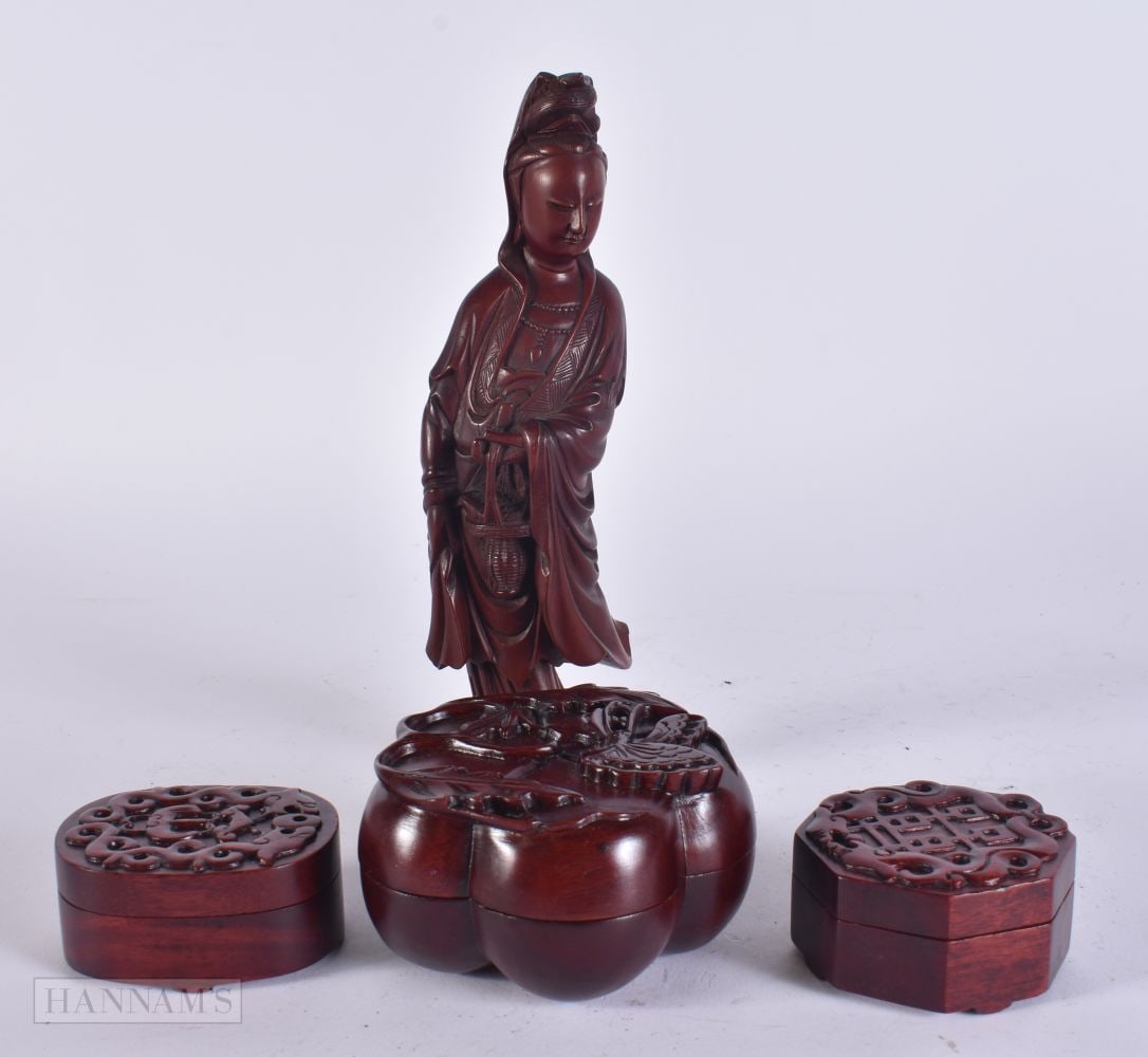 THREE CHINESE HARDWOOD BOXES and a wood immortal. Largest 22cm high. (4) (1 of 7)