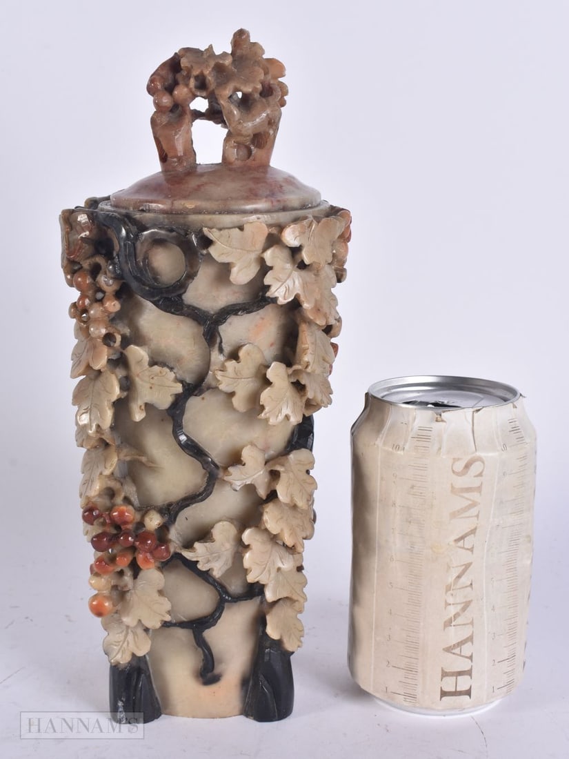 A 19TH CENTURY CHINESE CARVED SOAPSTONE VASE AND COVER Late Qing. 24 cm high. (1 of 5)