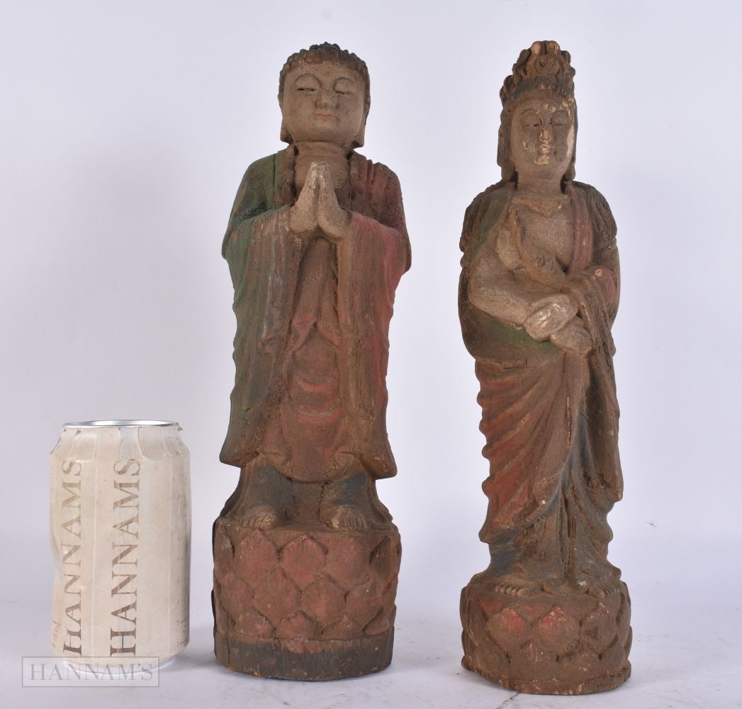 TWO CHINESE POLYCHROMED WOOD FIGURES. 31 cm high. (2) (1 of 4)