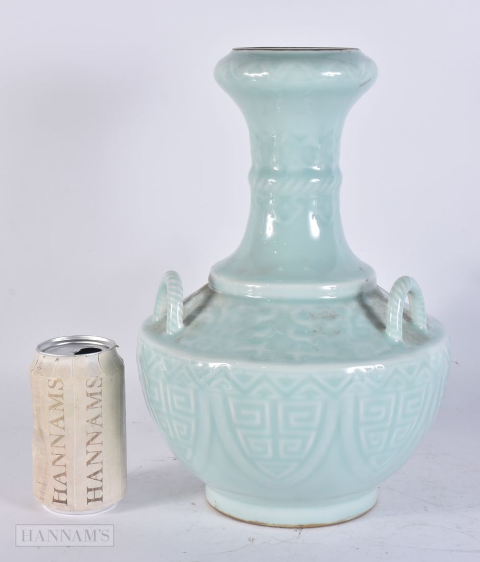 A CHINESE PALE BLUE GLAZED PORCELAIN VASE. 32 cm x 16 cm. (1 of 4)