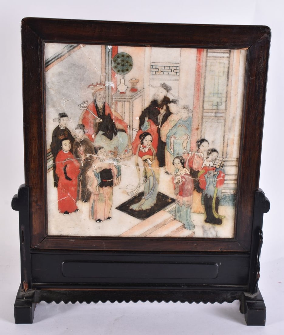 A CHINESE QING DYNASTY PAINTED MARBLE HARDWOOD SCREEN. 44 cm x 32 cm. (1 of 6)