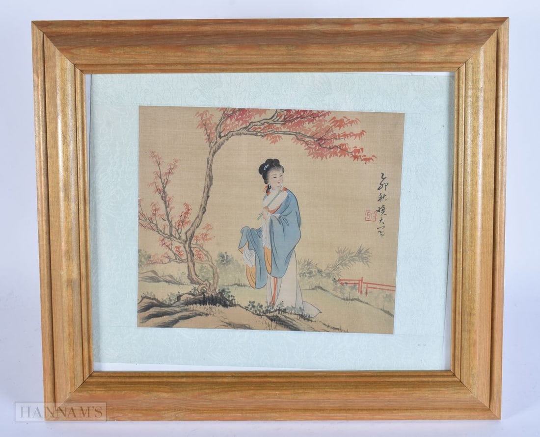A CHINESE PAINTING OF A FEMALE. 38 cm x 32 cm, image 21 cm x 17 cm.: A CHINESE PAINTING OF A FEMALE. 38 cm x 32 cm, image 21 cm x 17 cm.