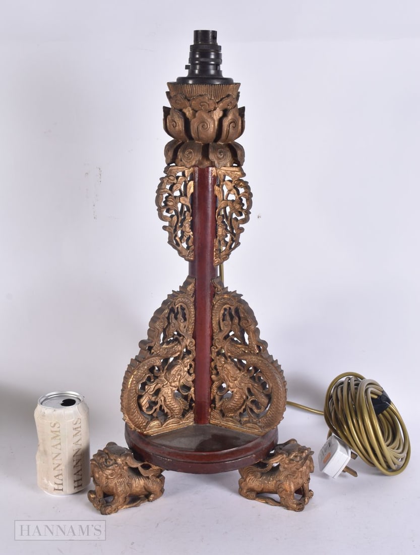 AN UNUSUAL 19TH CENTURY CHINESE CARVED GILT WOOD DRAGON LAMP. 52 cm high.: AN UNUSUAL 19TH CENTURY CHINESE CARVED GILT WOOD DRAGON LAMP. 52 cm high.