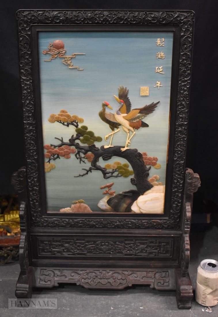 A CHINESE LACQUERED HARDWOOD SCREEN decorated in relief with birds. 74 cm x 36 cm. (1 of 7)