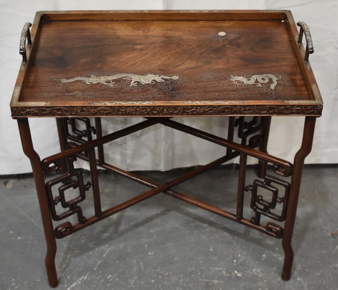 A FINE 19TH CENTURY CHINESE SILVER INLAID HUANGHUALI WOOD TRAY ON STAND Qing, with silver inlaid dec (1 of 20)