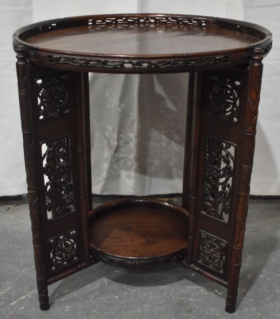 A 19TH CENTURY CHINESE CARVED HUANGHUALI TABLE ON STAND with smaller tray. 66 cm x 65 cm.: A 19TH CENTURY CHINESE CARVED HUANGHUALI TABLE ON STAND with smaller tray. 66 cm x 65 cm.