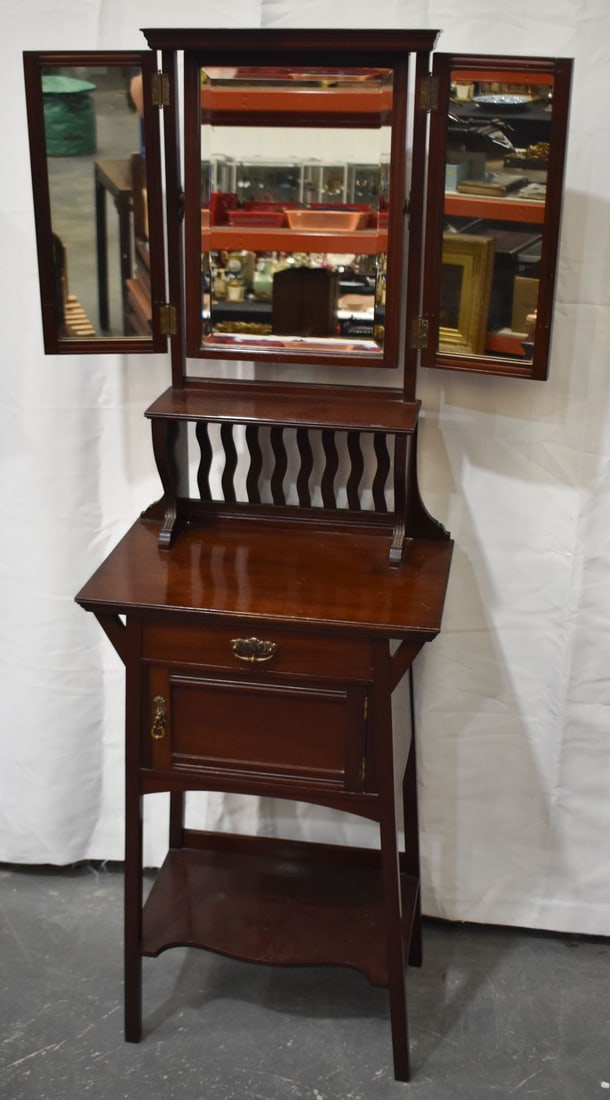AN ANTIQUE MIRROR INSET MAHOGANY STAND. 170 cm x 55 cm x 35 cm. (1 of 6)