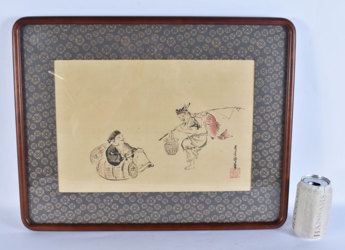Japanese School (Early 20th Century) Ink painting, Fisherman. 52 cm x 38 cm, image 36 cm x 24 cm.: Japanese School (Early 20th Century) Ink painting, Fisherman. 52 cm x 38 cm, image 36 cm x 24 cm.
