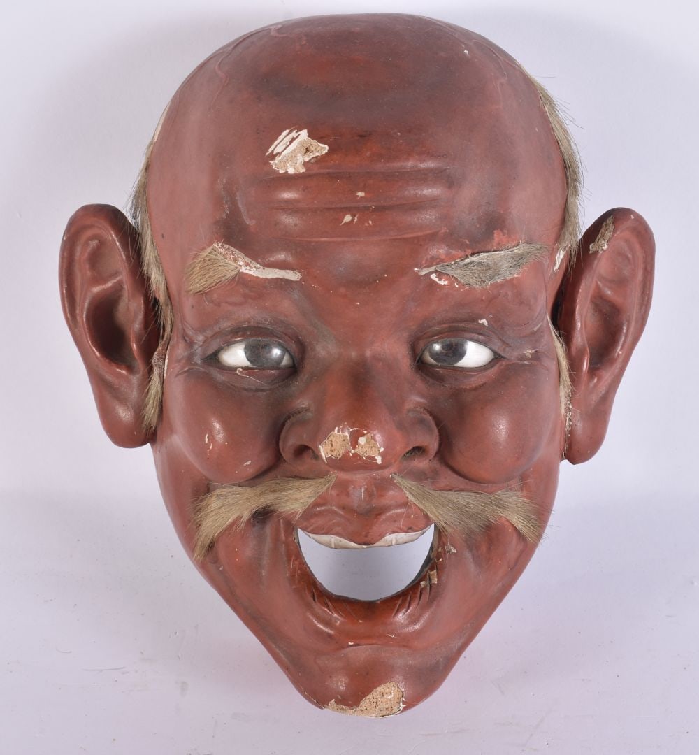 A 19TH CENTURY JAPANESE MEIJI PERIOD LACQUERED NOH MASK. 21 cm x 16 cm. (1 of 3)
