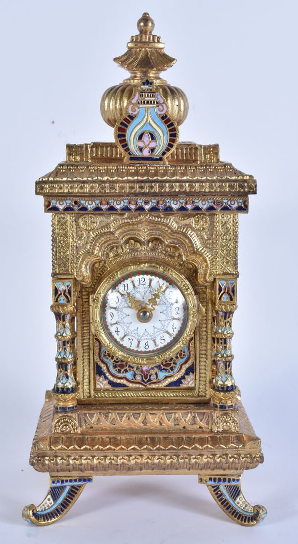 A VERY RARE LATE 19TH CENTURY FRENCH 'ISLAMIC MARKET' CHAMPLEVE ENAMEL CLOCK of architectural form. (1 of 8)